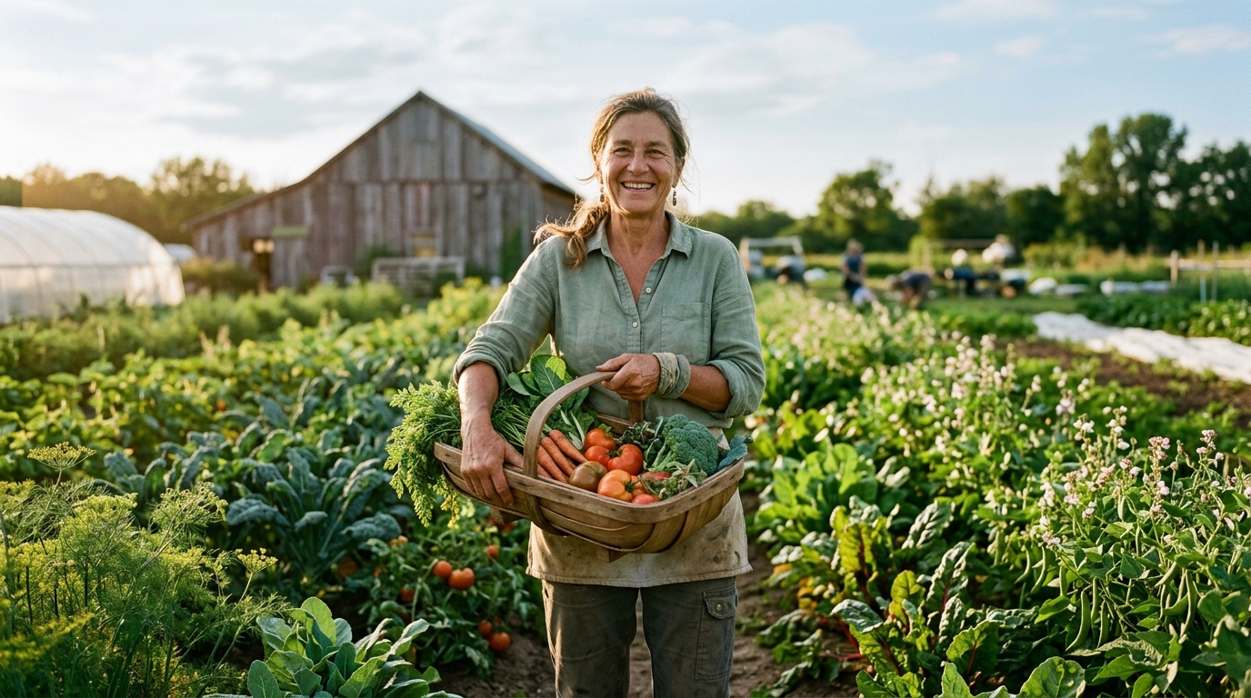 A featured grower photographed in the field at a working community farm